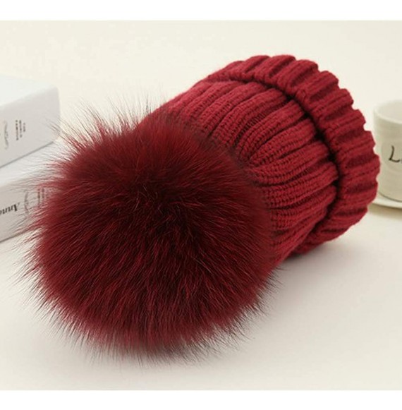 Skullies & Beanies Winter Knit Hat Kids Real Fur Pom Pom Warm Beanie Hat - Wine Red (Real Fox Fur) - CY18XZTAIK5