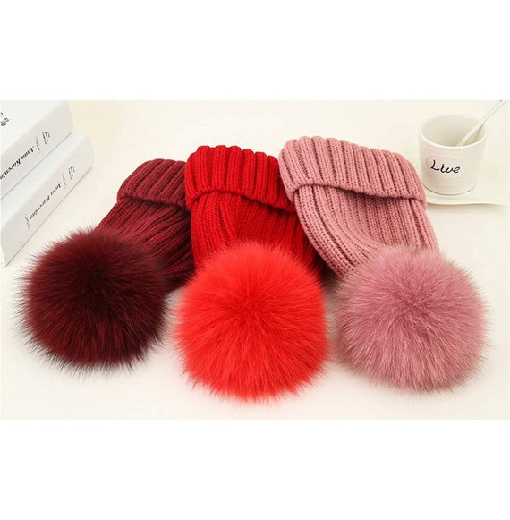 Skullies & Beanies Winter Knit Hat Kids Real Fur Pom Pom Warm Beanie Hat - Wine Red (Real Fox Fur) - CY18XZTAIK5