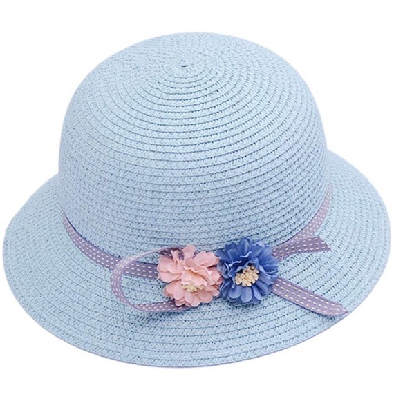 Sun Hats Girls Large Brim Sunhat Wavy Beach Straw Hat Cute Sun Cap - Blue-flowers - CE193TO3USG