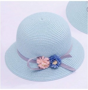 Sun Hats Girls Large Brim Sunhat Wavy Beach Straw Hat Cute Sun Cap - Blue-flowers - CE193TO3USG