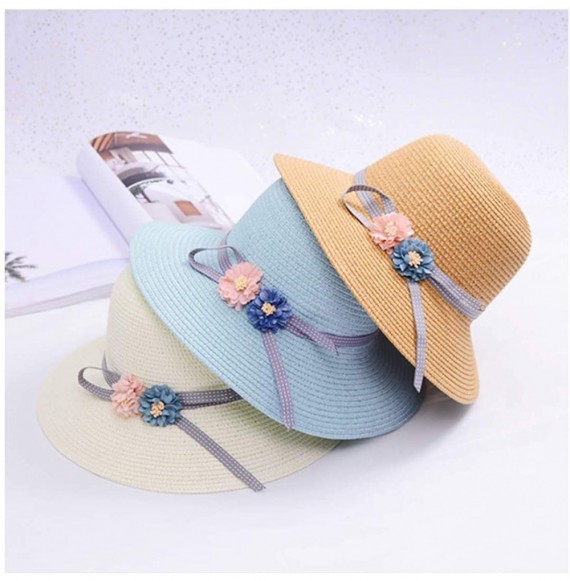 Sun Hats Girls Large Brim Sunhat Wavy Beach Straw Hat Cute Sun Cap - Blue-flowers - CE193TO3USG