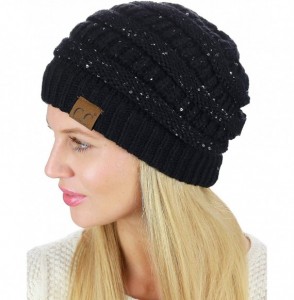 Skullies & Beanies Women's Sparkly Sequins Warm Soft Stretch Cable Knit Beanie Hat - Black/Silver - CU18IQEWU7S