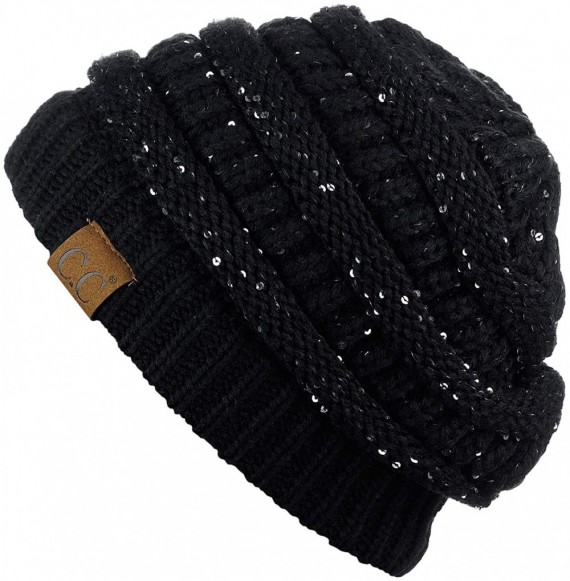 Skullies & Beanies Women's Sparkly Sequins Warm Soft Stretch Cable Knit Beanie Hat - Black/Silver - CU18IQEWU7S