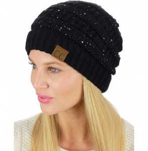 Skullies & Beanies Women's Sparkly Sequins Warm Soft Stretch Cable Knit Beanie Hat - Black/Silver - CU18IQEWU7S