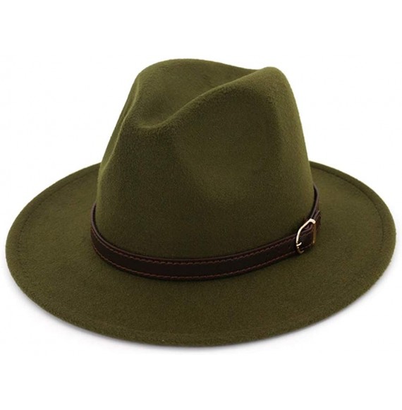 Fedoras Men & Women Panama Hat Classic Wide Brim Fedora Hat with Belt Buckle - Olive Green - CM18SY7U2ON