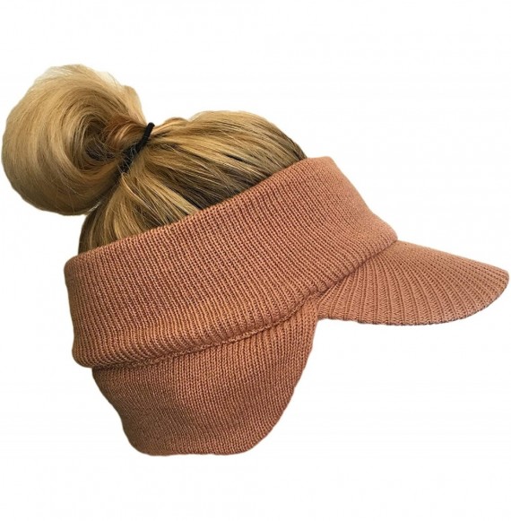 Skullies & Beanies Double Layer Knit Open Visor Brim Ear Flap Hat- Winter Visor Headband Ponytail Beanie - Beige - CC180359K66