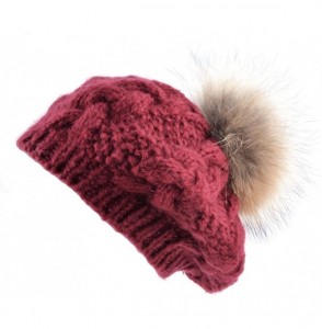 Skullies & Beanies Women Warm Knitting Cuffed Fluffy Pom Pom Beret Beanie - Red - CS12NUY3RU0