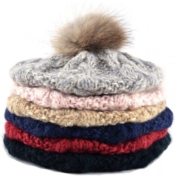 Skullies & Beanies Women Warm Knitting Cuffed Fluffy Pom Pom Beret Beanie - Red - CS12NUY3RU0