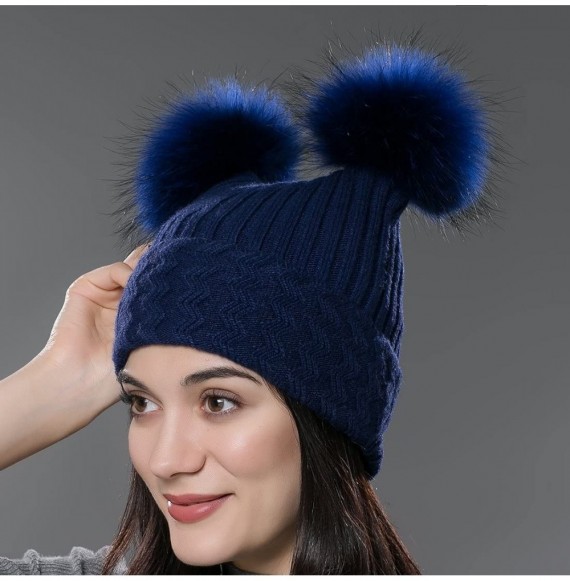 Skullies & Beanies Unisex Autumn Knit Wool Beanie Hat Women Winter Hat with Fur Ball Pom Pom - Blue With Fox Fur Pompom - CW1...