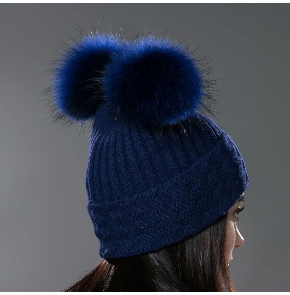 Skullies & Beanies Unisex Autumn Knit Wool Beanie Hat Women Winter Hat with Fur Ball Pom Pom - Blue With Fox Fur Pompom - CW1...