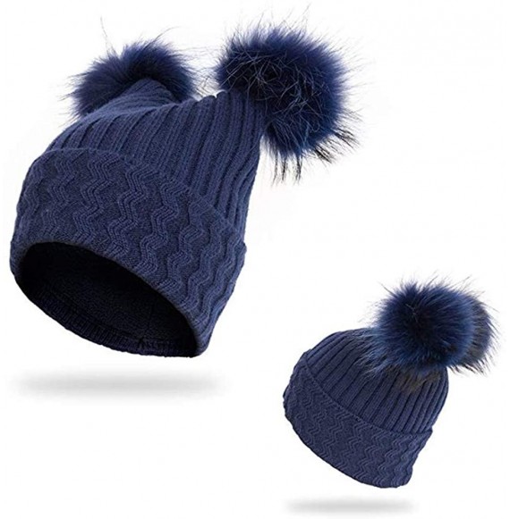 Skullies & Beanies Unisex Autumn Knit Wool Beanie Hat Women Winter Hat with Fur Ball Pom Pom - Blue With Fox Fur Pompom - CW1...