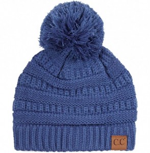 Skullies & Beanies Exclusive Soft Stretch Cable Knit Faux Fur Pom Pom Beanie Hat - A Knit Pom_dark Denim - C718Q6UWGW4