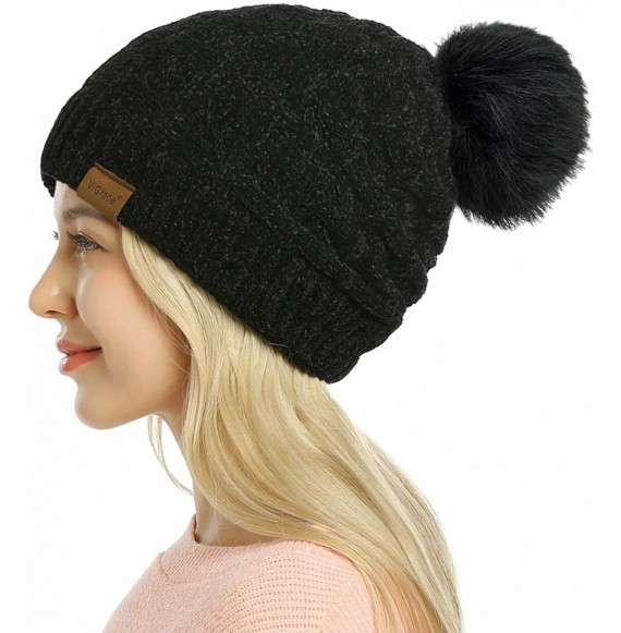 Skullies & Beanies Womens Slouchy Chenille Detachable - Black-c - CK18X2OR7OH