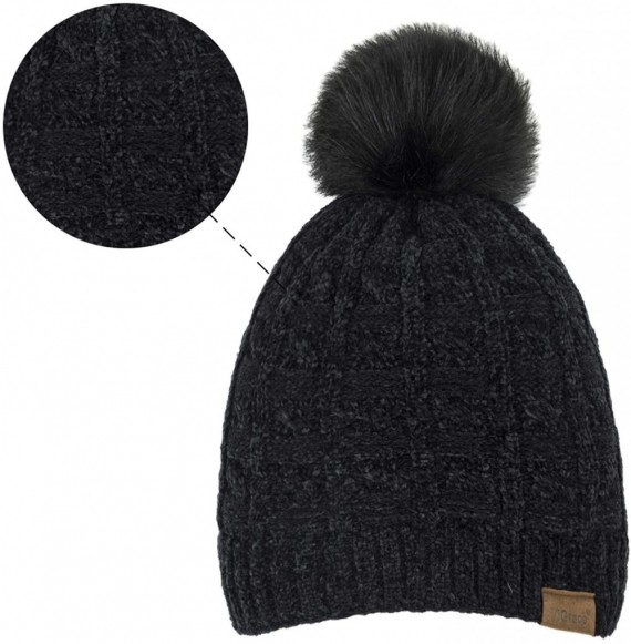 Skullies & Beanies Womens Slouchy Chenille Detachable - Black-c - CK18X2OR7OH