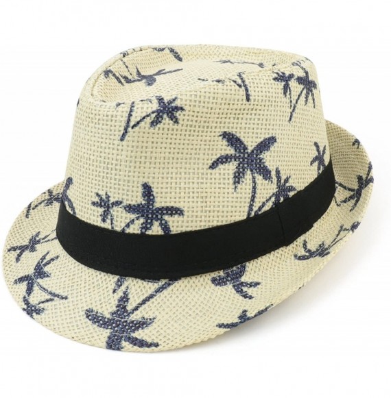 Fedoras Cute Palm Tree Paradise Print Summer Paper Straw Fedora Hat - Natural - C418H4LKXKN