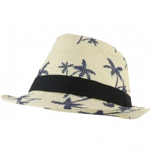 Fedoras Cute Palm Tree Paradise Print Summer Paper Straw Fedora Hat - Natural - C418H4LKXKN