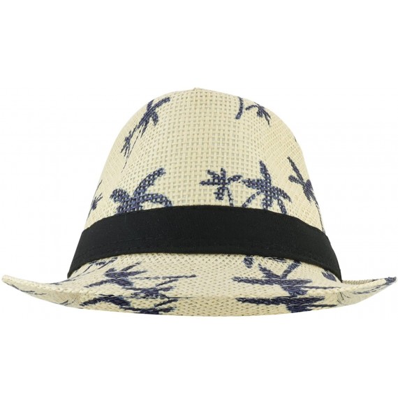 Fedoras Cute Palm Tree Paradise Print Summer Paper Straw Fedora Hat - Natural - C418H4LKXKN