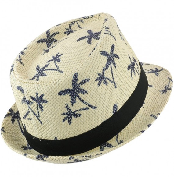 Fedoras Cute Palm Tree Paradise Print Summer Paper Straw Fedora Hat - Natural - C418H4LKXKN