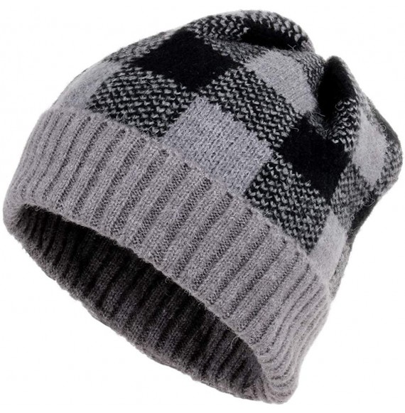 Skullies & Beanies Winter Soft Stretch Buffalo Plaid Cuff Beanie Hat Thick Chunky Warm Knit Skull Ski Cap - Grey/Black - C918...