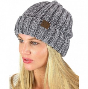 Skullies & Beanies Unisex Chenille Soft Warm Stretchy Thick Cuffed Knit Beanie Cap Hat - Light Mel Grey - CC18IQE77O7