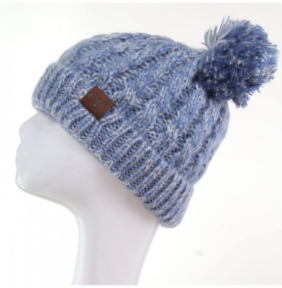 Skullies & Beanies Women Ribbed Knitted Double Pom Pom Beanie Hat - 2 Tone Denim - CU1875325QR