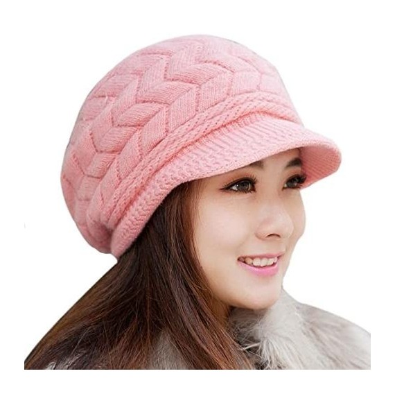 Skullies & Beanies Women Winter Knit Hats with Visor - Warm Berets Caps Knitted Wool Baggy Snow Ski Beanie Hat - Pink - CY193...