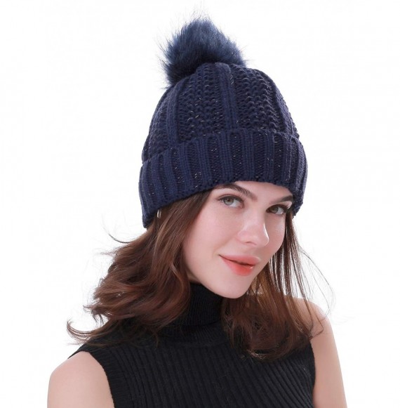 Skullies & Beanies Women Winter Soft Warm Ski Cap Knit Slouchy Beanie Chunky Baggy Hat with Faux Fur Pompom - Dark Blue - CZ1...