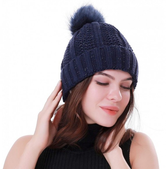 Skullies & Beanies Women Winter Soft Warm Ski Cap Knit Slouchy Beanie Chunky Baggy Hat with Faux Fur Pompom - Dark Blue - CZ1...