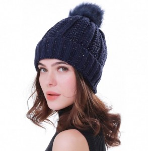 Skullies & Beanies Women Winter Soft Warm Ski Cap Knit Slouchy Beanie Chunky Baggy Hat with Faux Fur Pompom - Dark Blue - CZ1...