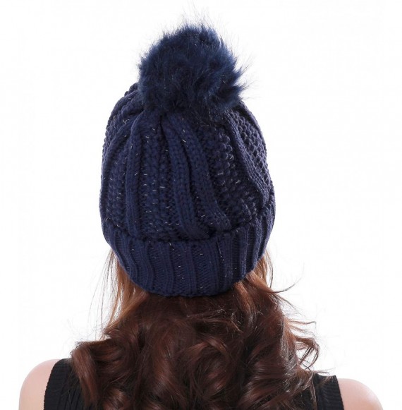 Skullies & Beanies Women Winter Soft Warm Ski Cap Knit Slouchy Beanie Chunky Baggy Hat with Faux Fur Pompom - Dark Blue - CZ1...