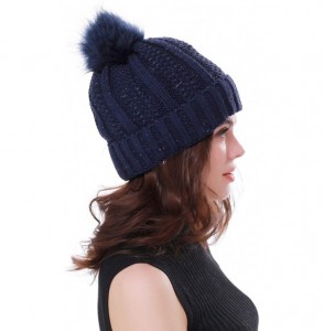 Skullies & Beanies Women Winter Soft Warm Ski Cap Knit Slouchy Beanie Chunky Baggy Hat with Faux Fur Pompom - Dark Blue - CZ1...