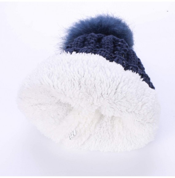 Skullies & Beanies Women Winter Soft Warm Ski Cap Knit Slouchy Beanie Chunky Baggy Hat with Faux Fur Pompom - Dark Blue - CZ1...