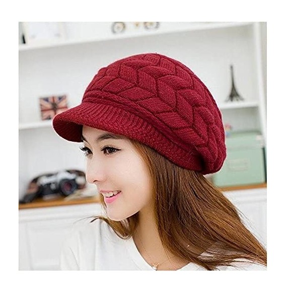 Skullies & Beanies Women Winter Warm Knit Hats Caps Wool Snow Ski Cap Beanie Ski Berets Snapback Caps with Visor - Red - CI18...