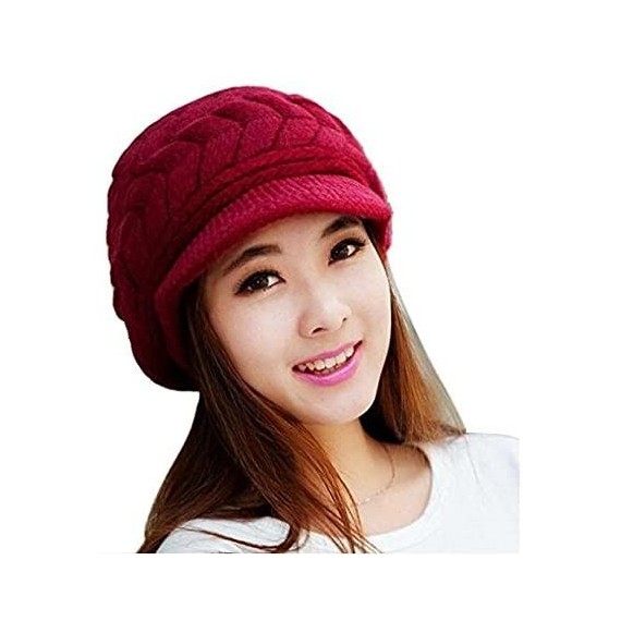 Skullies & Beanies Women Winter Warm Knit Hats Caps Wool Snow Ski Cap Beanie Ski Berets Snapback Caps with Visor - Red - CI18...