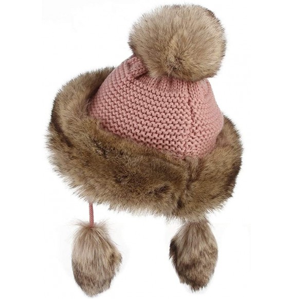 Skullies & Beanies Women Peruvian Faux Fur Knit Beanie Hat Warm Winter Fleece Lined Pompom Earflap Snow Ski Cap - Pink - CT18...