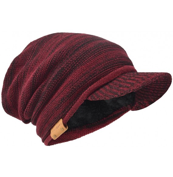 Skullies & Beanies Mens Slouch Beanie Vintage Knit Cadet Cabbie Skull Cap with Visor B319 - Claret - CJ186IK0KTZ