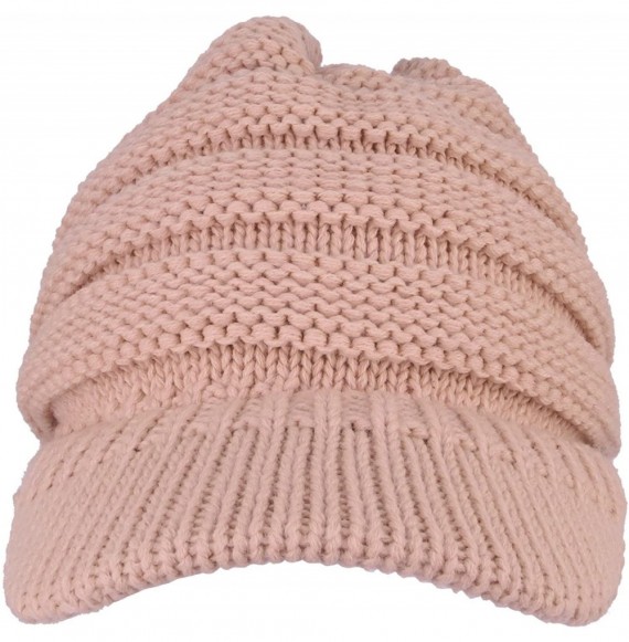 Skullies & Beanies Women's Ribbed Knit Winter Ponytail Visor Beanie Cap - Indi Pink - CL188QKK8IE