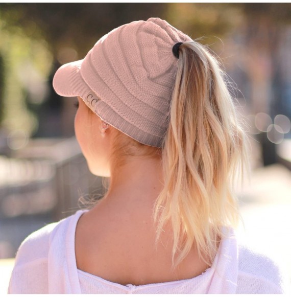 Skullies & Beanies Women's Ribbed Knit Winter Ponytail Visor Beanie Cap - Indi Pink - CL188QKK8IE