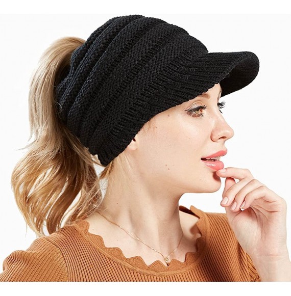 Skullies & Beanies Women's Warm Chunky Cable Knit Messy Bun Hat Ponytail Visor Beanie Cap - Navy - CF18HYW08TU