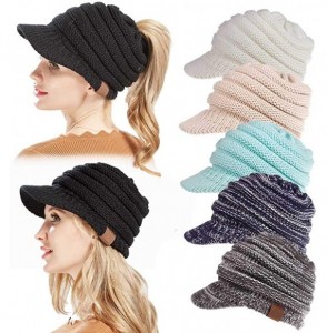 Skullies & Beanies Women's Warm Chunky Cable Knit Messy Bun Hat Ponytail Visor Beanie Cap - Navy - CF18HYW08TU