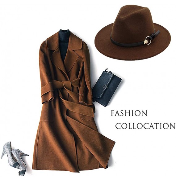 Fedoras Women Gold Belt Buckle Wool Felt Fedora Hat Winter Fashion Dress Panama Hat - Coffee - CJ18IE4AT40