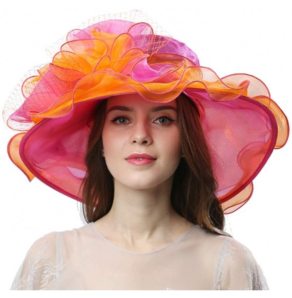 Sun Hats Women Dress Fantastic Fancy Feather Veil Floral Brim Hat Kentucky Derby Church Wedding Tea Party Cap - C217YWALURQ