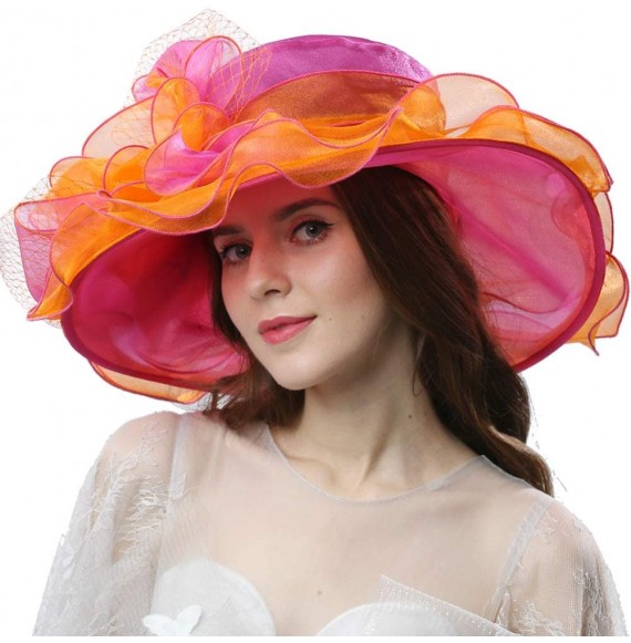 Sun Hats Women Dress Fantastic Fancy Feather Veil Floral Brim Hat Kentucky Derby Church Wedding Tea Party Cap - C217YWALURQ