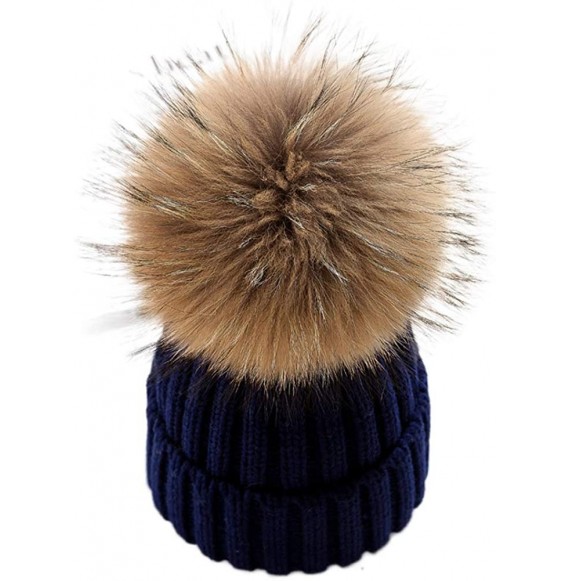 Skullies & Beanies Winter Knit Hat Kids Real Fur Pom Pom Warm Beanie Hat - Navy (Real Raccoon Fur) - C418Y2CYEYZ