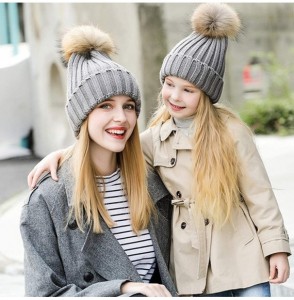 Skullies & Beanies Winter Knit Hat Kids Real Fur Pom Pom Warm Beanie Hat - Navy (Real Raccoon Fur) - C418Y2CYEYZ