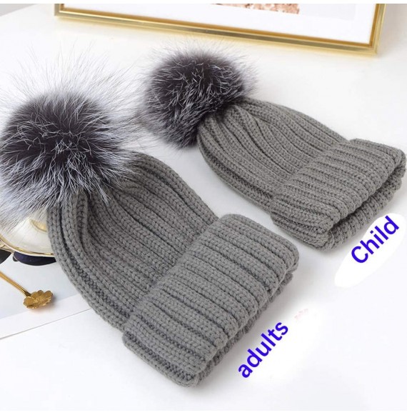 Skullies & Beanies Winter Knit Hat Kids Real Fur Pom Pom Warm Beanie Hat - Navy (Real Raccoon Fur) - C418Y2CYEYZ