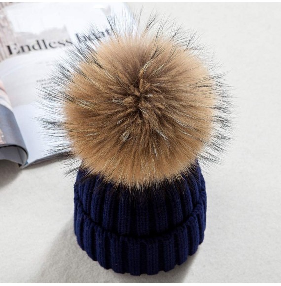 Skullies & Beanies Winter Knit Hat Kids Real Fur Pom Pom Warm Beanie Hat - Navy (Real Raccoon Fur) - C418Y2CYEYZ