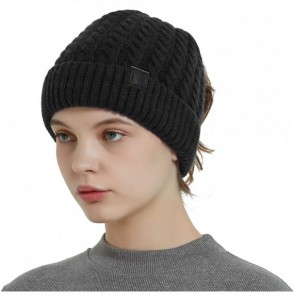 Skullies & Beanies Merino Wool Knitted Bun Beanie - Women Hat Cap with Cute Pony Tail Hole - Pony Tail Hole (Black New) - CB1...