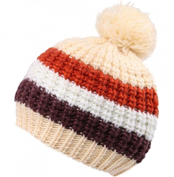 Skullies & Beanies Boys Girls Kids Knit Beanie with Pompom Toddlers Winter Hat Cap - Cream Striped - CA1853984E9