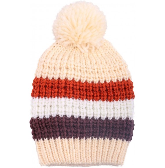 Skullies & Beanies Boys Girls Kids Knit Beanie with Pompom Toddlers Winter Hat Cap - Cream Striped - CA1853984E9